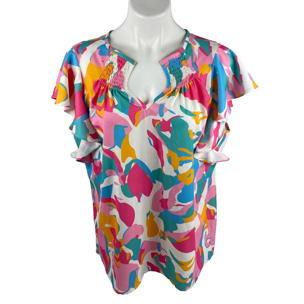 Smocked Multi Color Women XL Blouse Top Abstract V Neck Casual NWT
